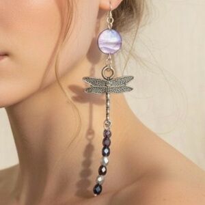 HANDCRAFTED EARRINGS Dragonfly Mother of Pearl Purple Extra Long Dangle Drop NWT